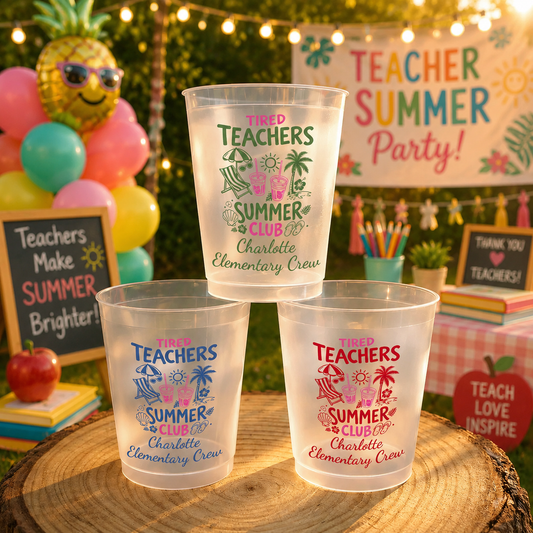 Tired Teachers Summer Club Elementary Crew With Beach Chair And Palm Tree - Personalized Frosted Cups - TEACH187_FCUP