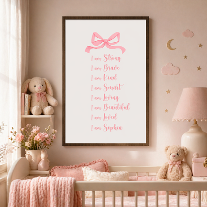 I Am Strong Affirmations With Pink Bow For Kids - Personalized Custom Vertical Poster - KID658_VPOS