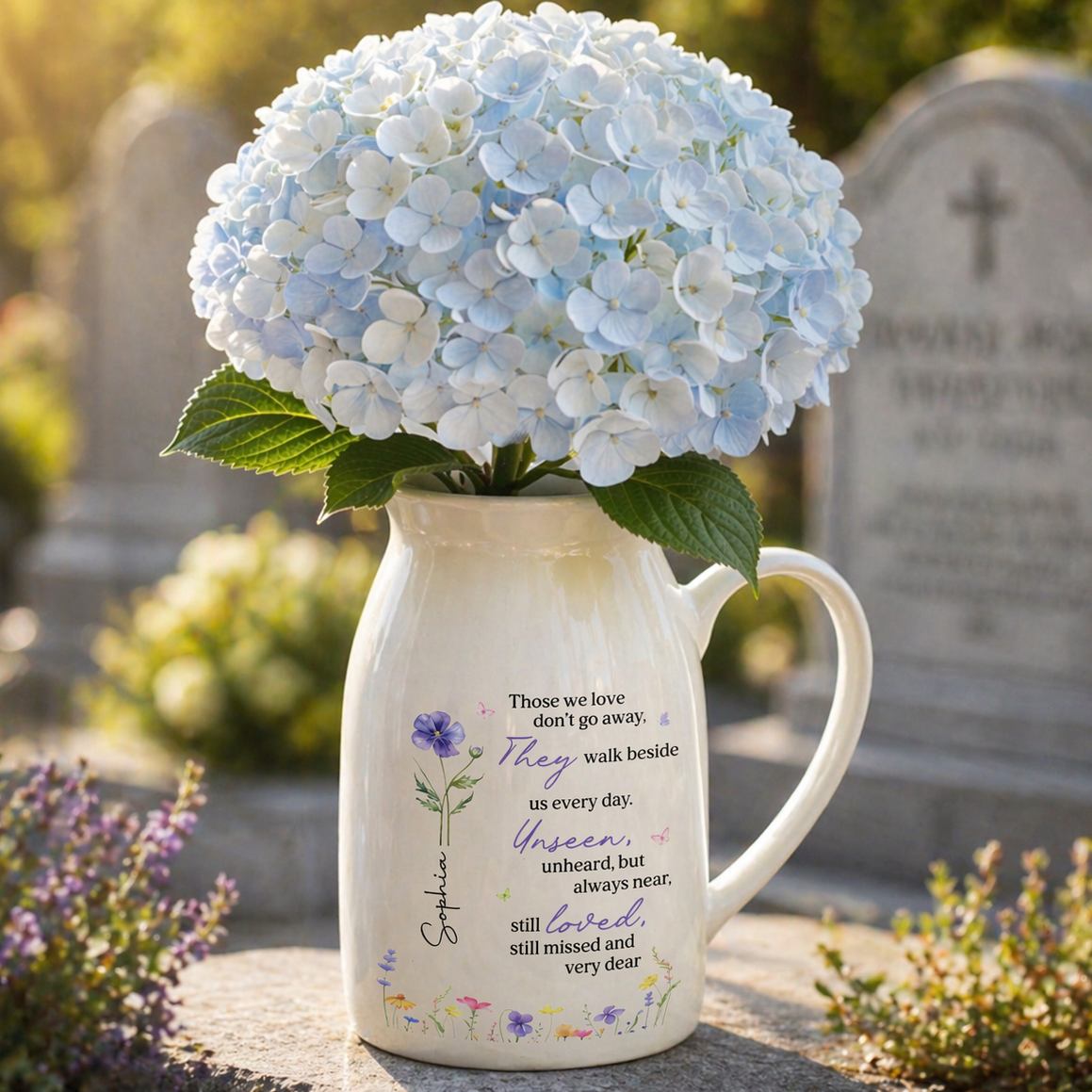 Those We Love Don't Go Away Memorial Flower Vase With Birth Month Flowers - Personalized Ceramic Flower Vase - HME578_CEV