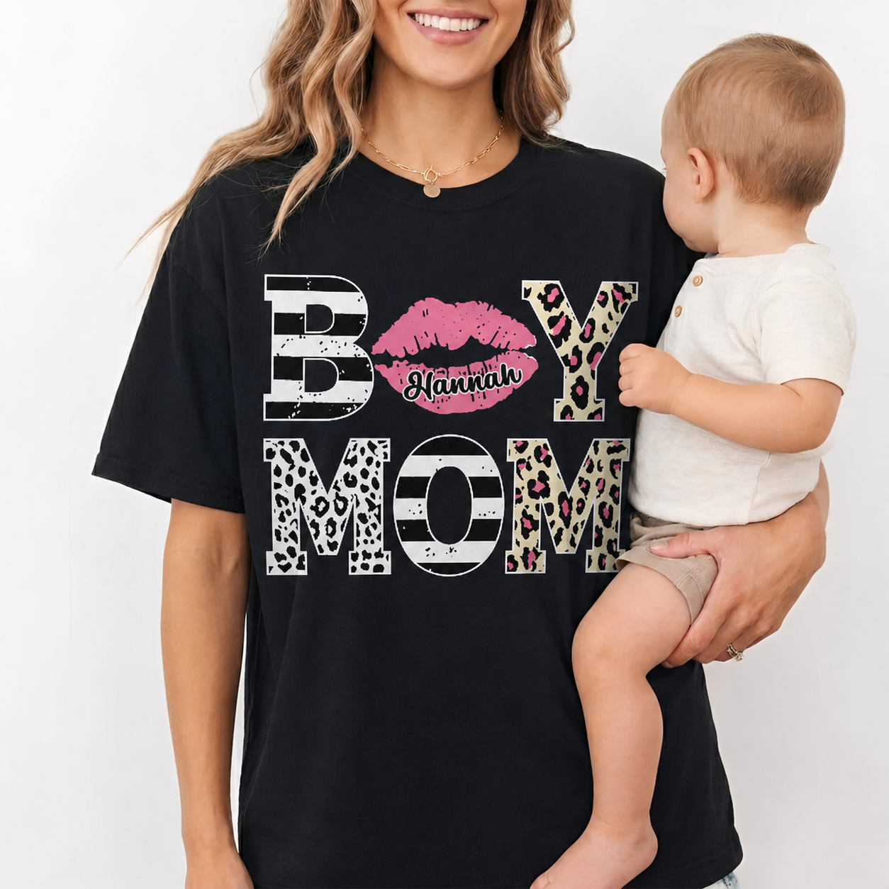 Boy Mom With Pink Lips And Leopard Print Pattern - Personalized Custom Unisex T-shirt, Hoodie - MOM398_BBAS