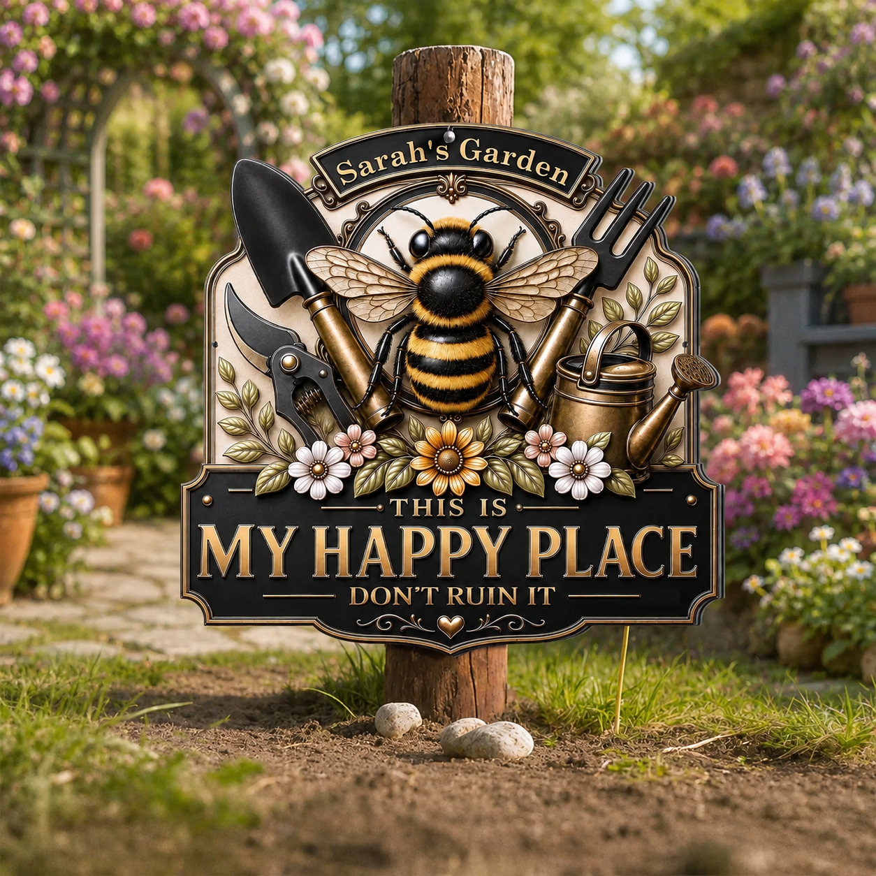 My Garden This Is My Happy Place Bee And Gardening Tools - Personalized Custom Shaped Metal Sign - GAR123_CUMES