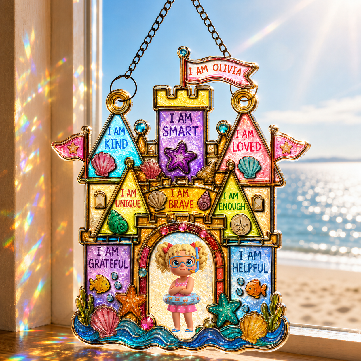 I Am Kind Smart Loved Affirmations Sandcastle Shells And Girl - Personalized Custom Suncatcher - KID721_CSUN