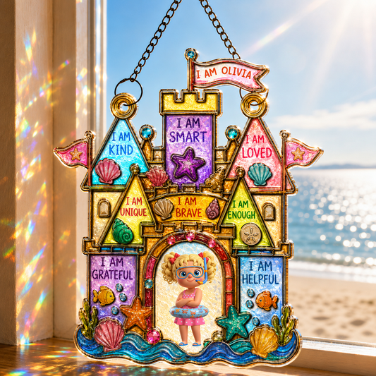 I Am Kind Smart Loved Affirmations Sandcastle Shells And Girl - Personalized Custom Suncatcher - KID721_CSUN