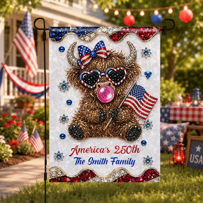 America's 250th Highland Cow With American Flag And Sunglasses - Personalized Flag - INDE269_GAF