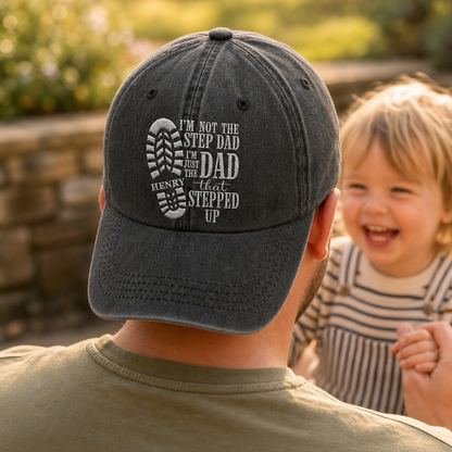 I'm Not The Step Dad I'm Just The Dad That Stepped Up Boot Print - Personalized Custom Washed Denim Cap - DAD513_WDCAP
