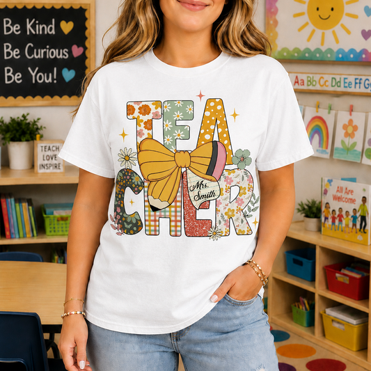 Teacher Floral Typography With Pencil Bow And Flowers - Personalized Custom Unisex T-shirt, Hoodie - TEACH094_WBAS