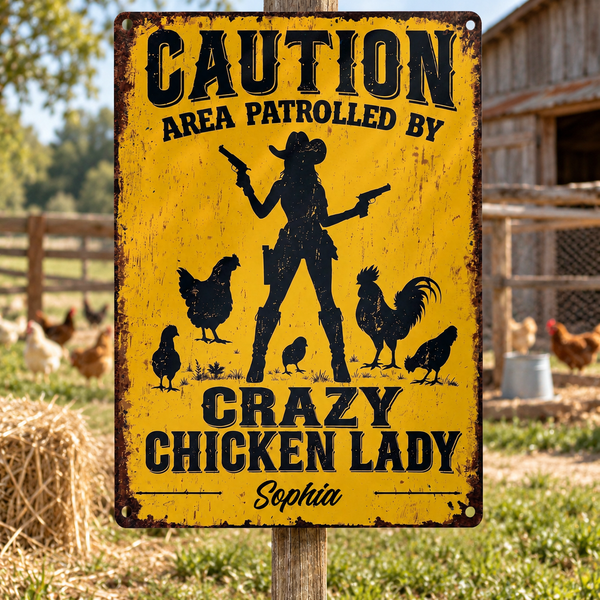 Caution Area Patrolled By Crazy Chicken Lady Cowgirl With Chickens - Personalized Metal Sign - FARM204_MSIGN
