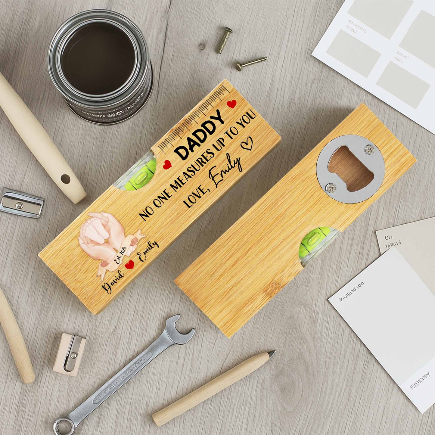 Daddy No One Measures Up To You, Heart and Ruler - Personalized Wooden Spirit Level With Bottle Opener - DAD016_PLEV