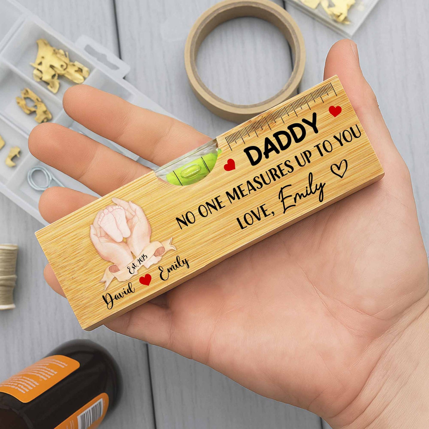 Daddy No One Measures Up To You, Heart and Ruler - Personalized Wooden Spirit Level With Bottle Opener - DAD016_PLEV