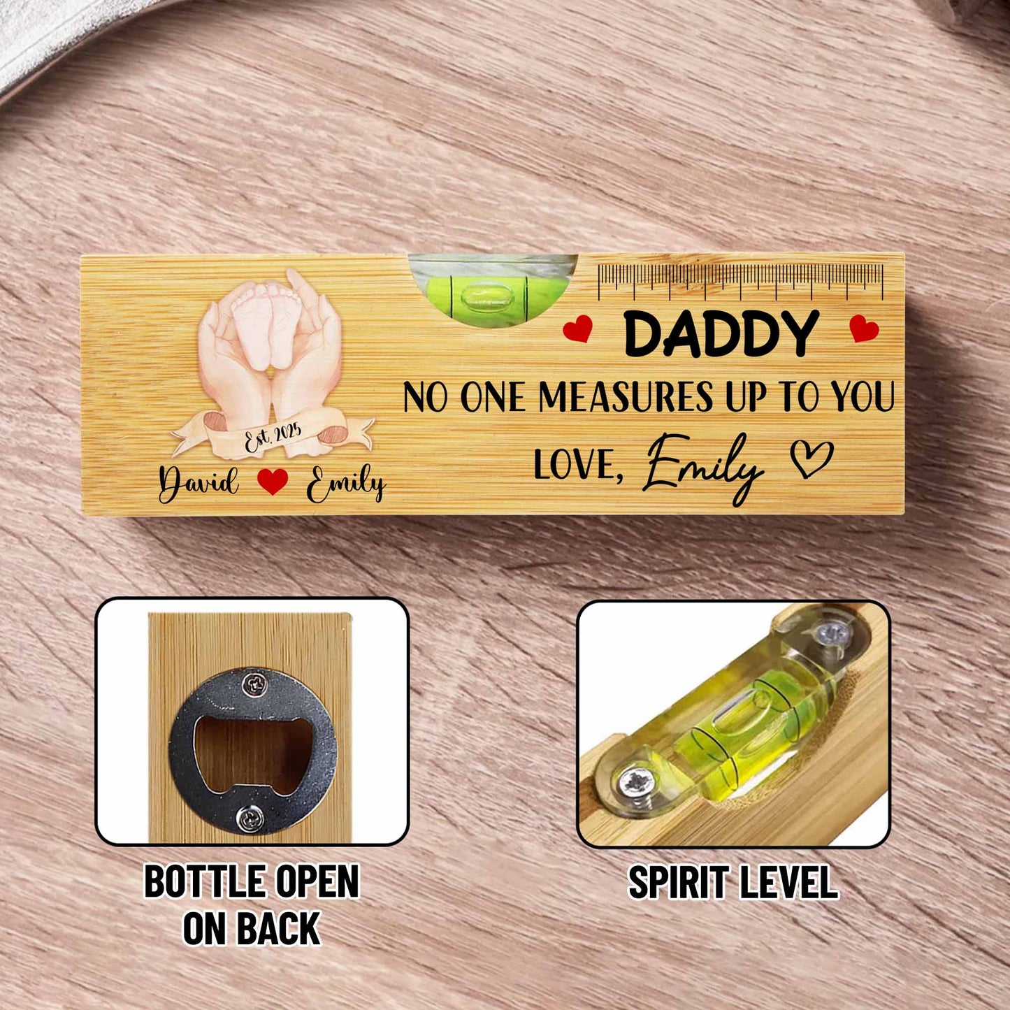 Daddy No One Measures Up To You, Heart and Ruler - Personalized Wooden Spirit Level With Bottle Opener - DAD016_PLEV