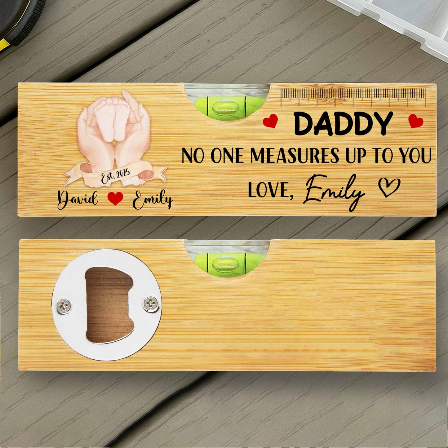 Daddy No One Measures Up To You, Heart and Ruler - Personalized Wooden Spirit Level With Bottle Opener - DAD016_PLEV