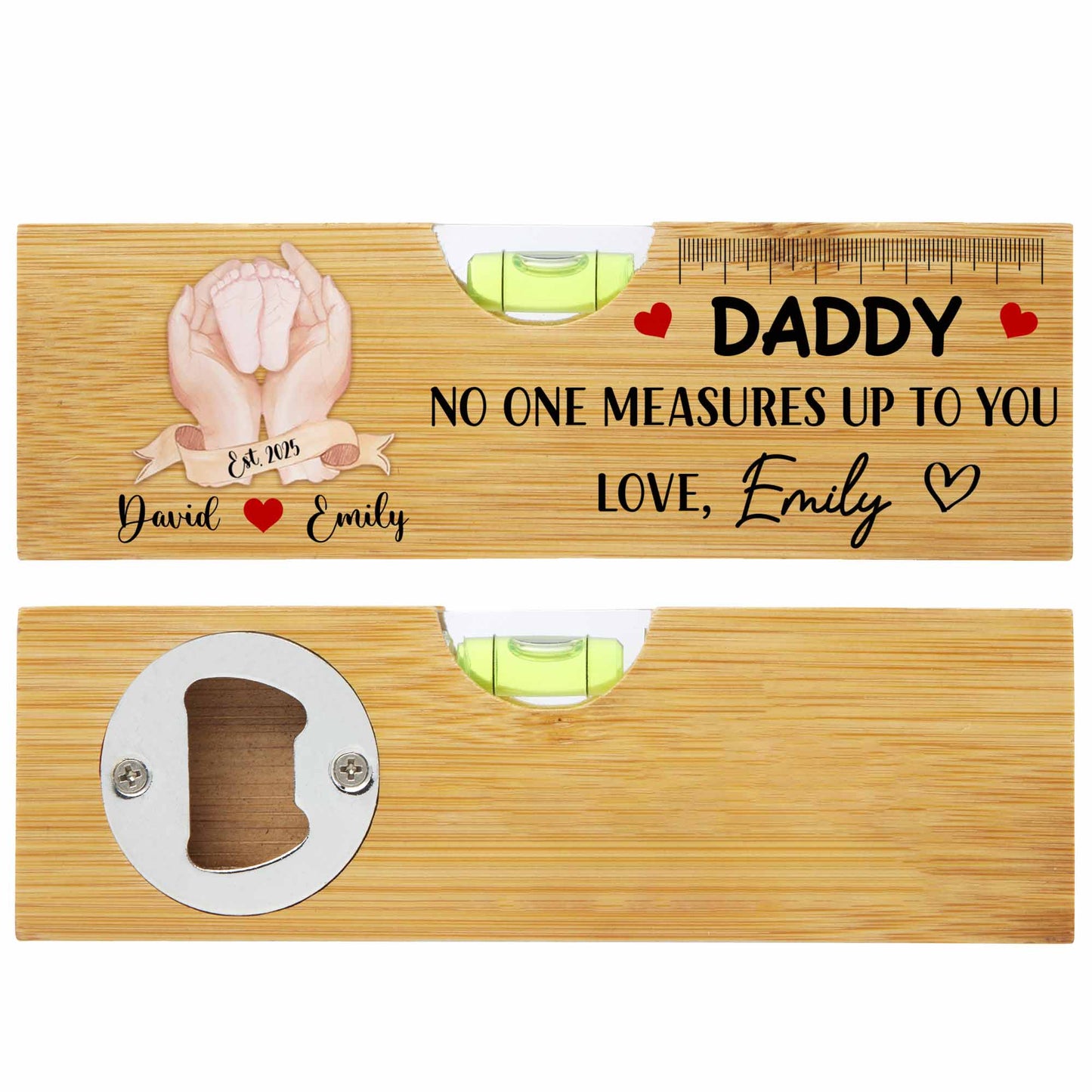 Daddy No One Measures Up To You, Heart and Ruler - Personalized Wooden Spirit Level With Bottle Opener - DAD016_PLEV