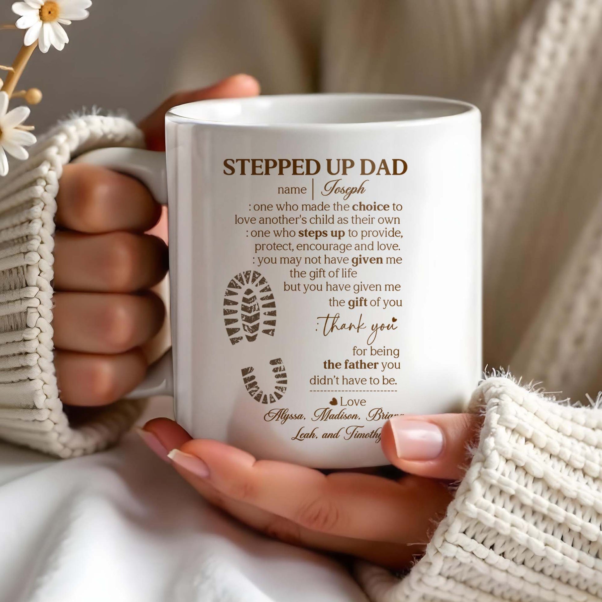 Stepped Up Dad Love and Encouragement Footprints Mug