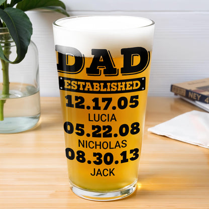 Dad Established Dates Personalized Beer Glass