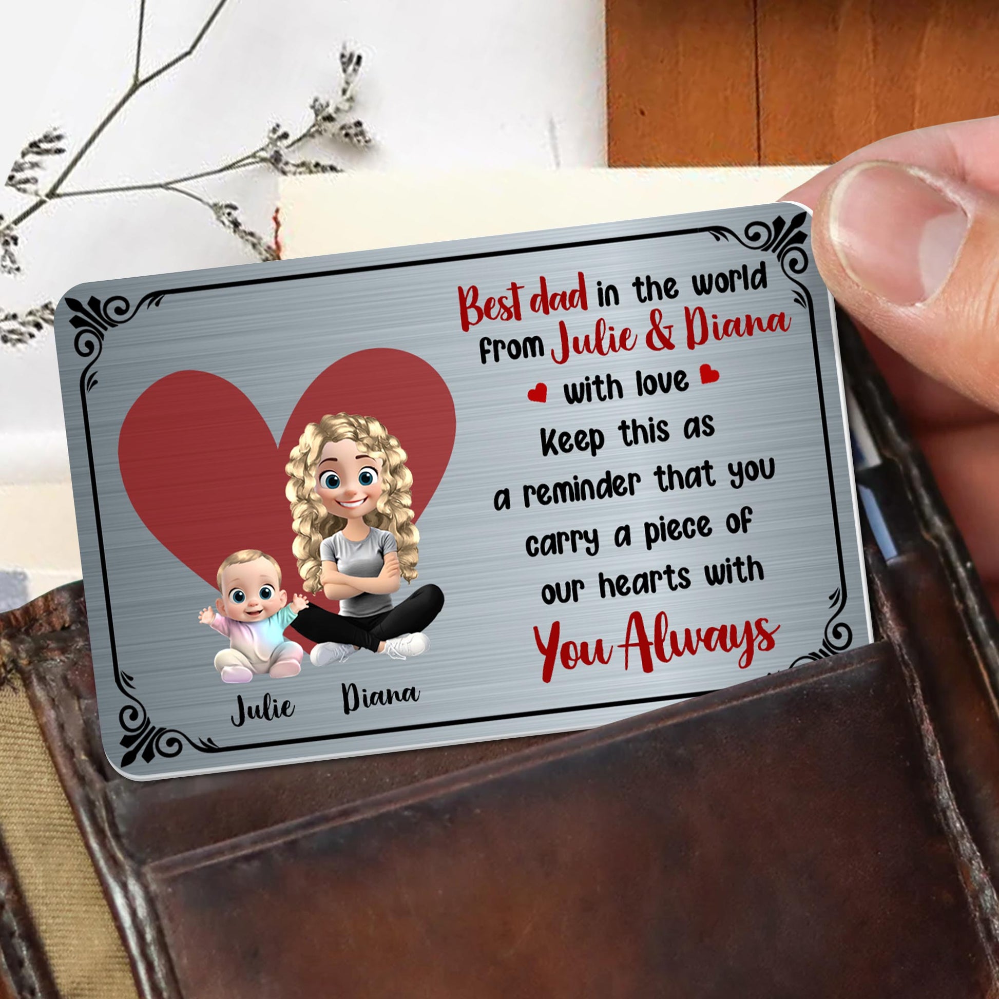 Best Dad In The World, Heart and Cartoon Characters - Personalized Aluminum Wallet Card