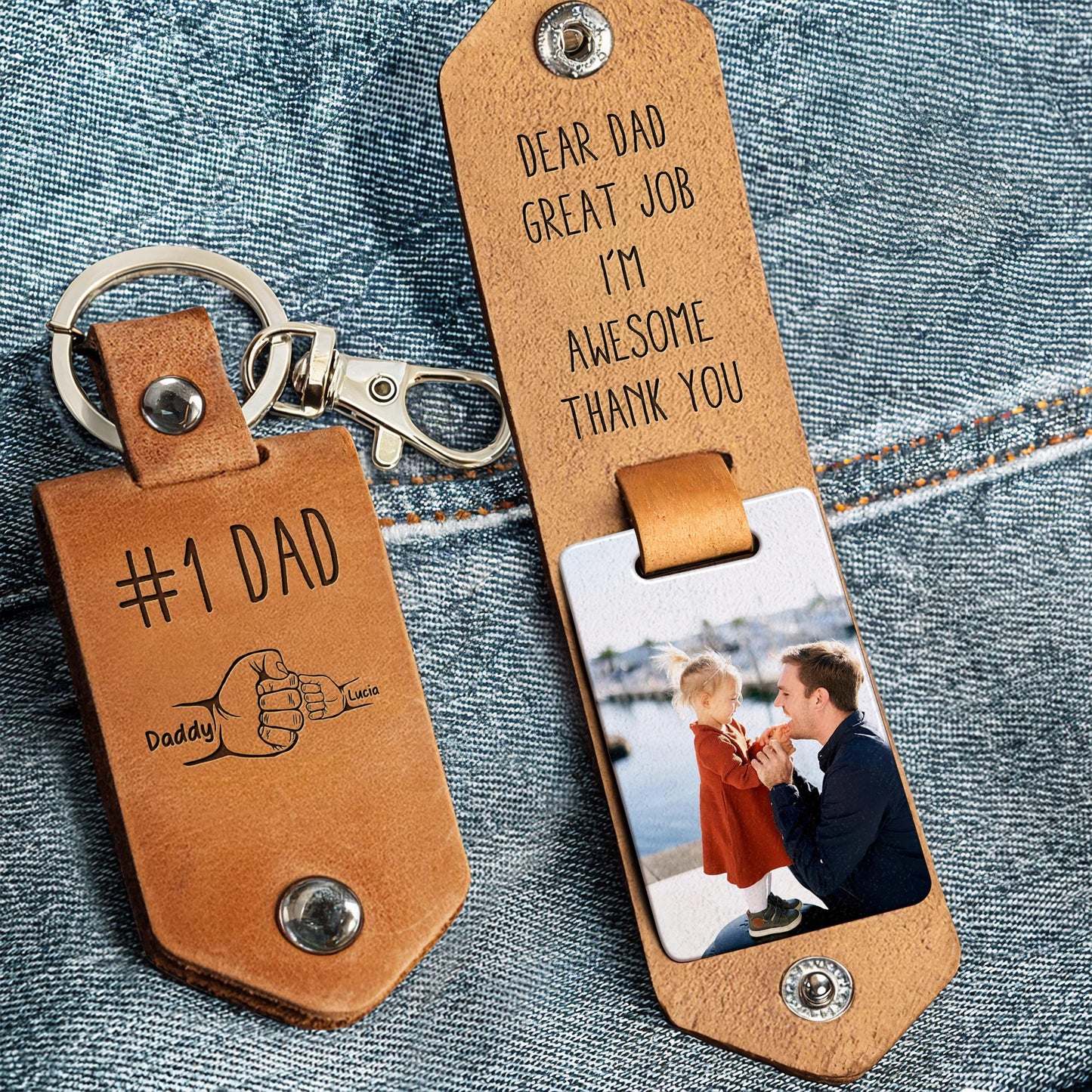 Dear Dad, Great Job We're Awesome Thank You, Keychain With Photo Insert