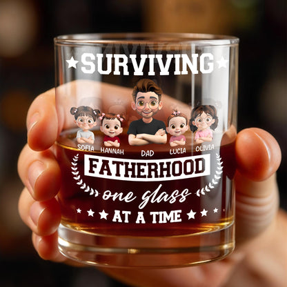 Surviving Fatherhood One Glass At A Time, Cartoon Family - Personalized Custom Whiskey Glass - DAD115_RWG