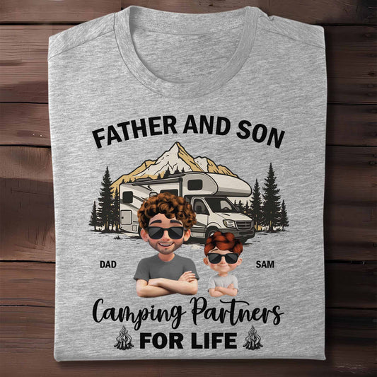 Father And Son Camping Partners For Life, Mountain and RV - Personalized Custom Unisex T-shirt, Hoodie - DAD126_WBAS