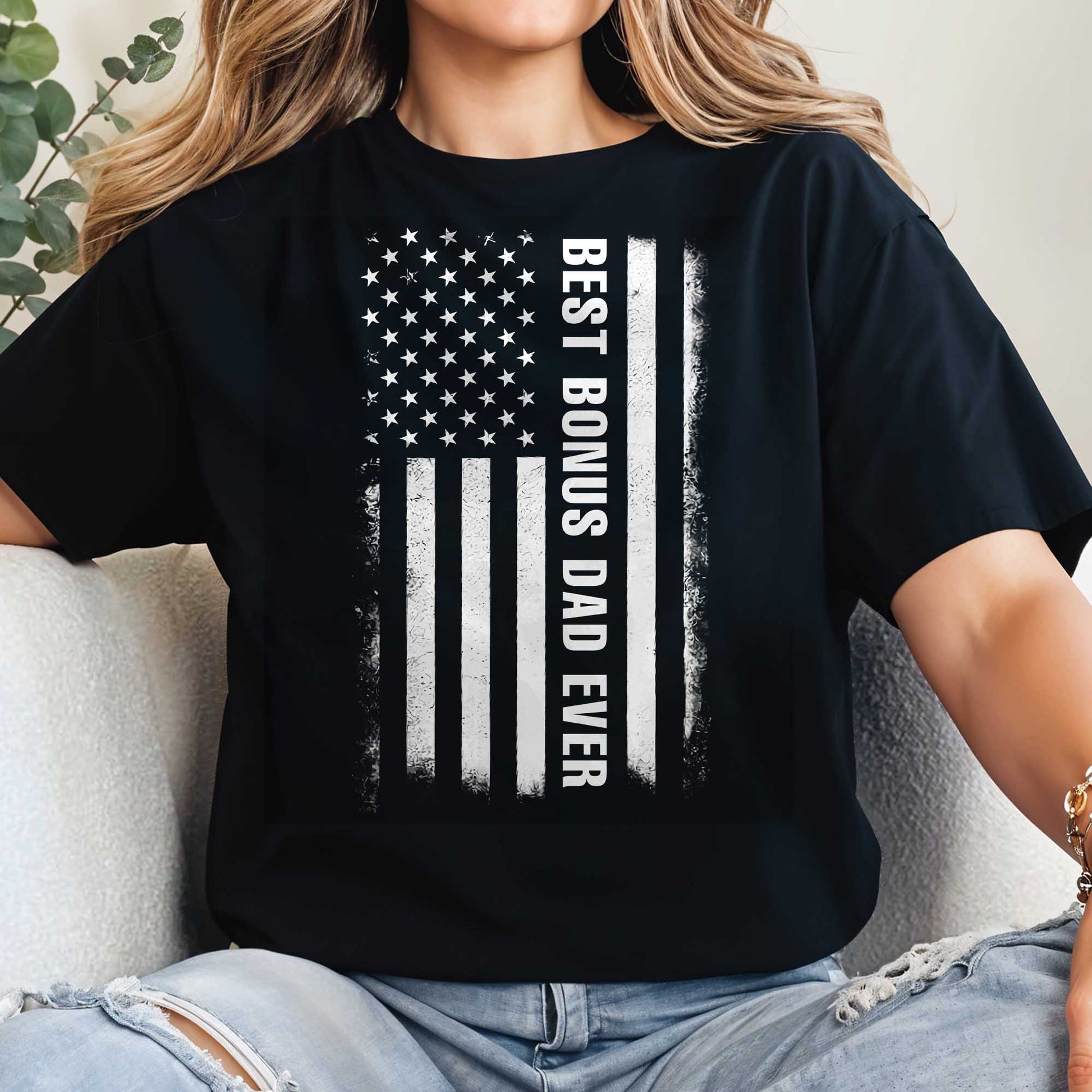 Best Bonus Dad Ever, American Flag and Grunge Text