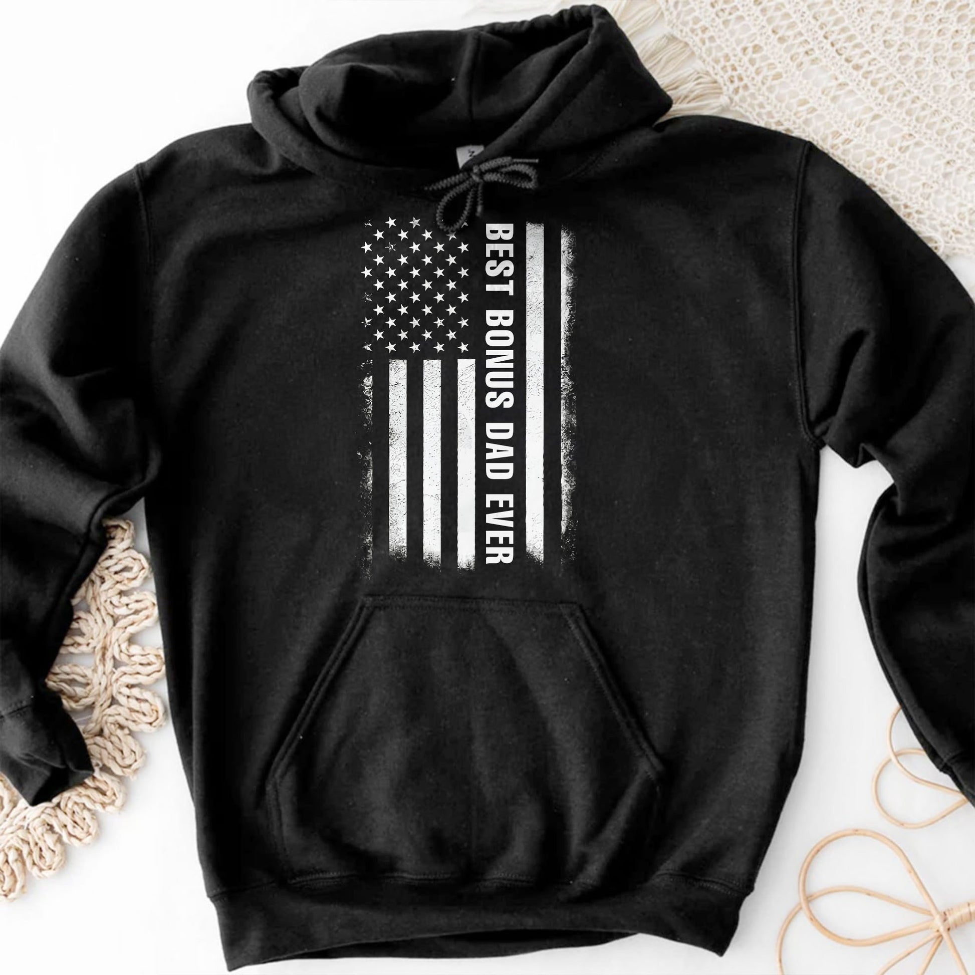 Best Bonus Dad Ever, American Flag and Grunge Text