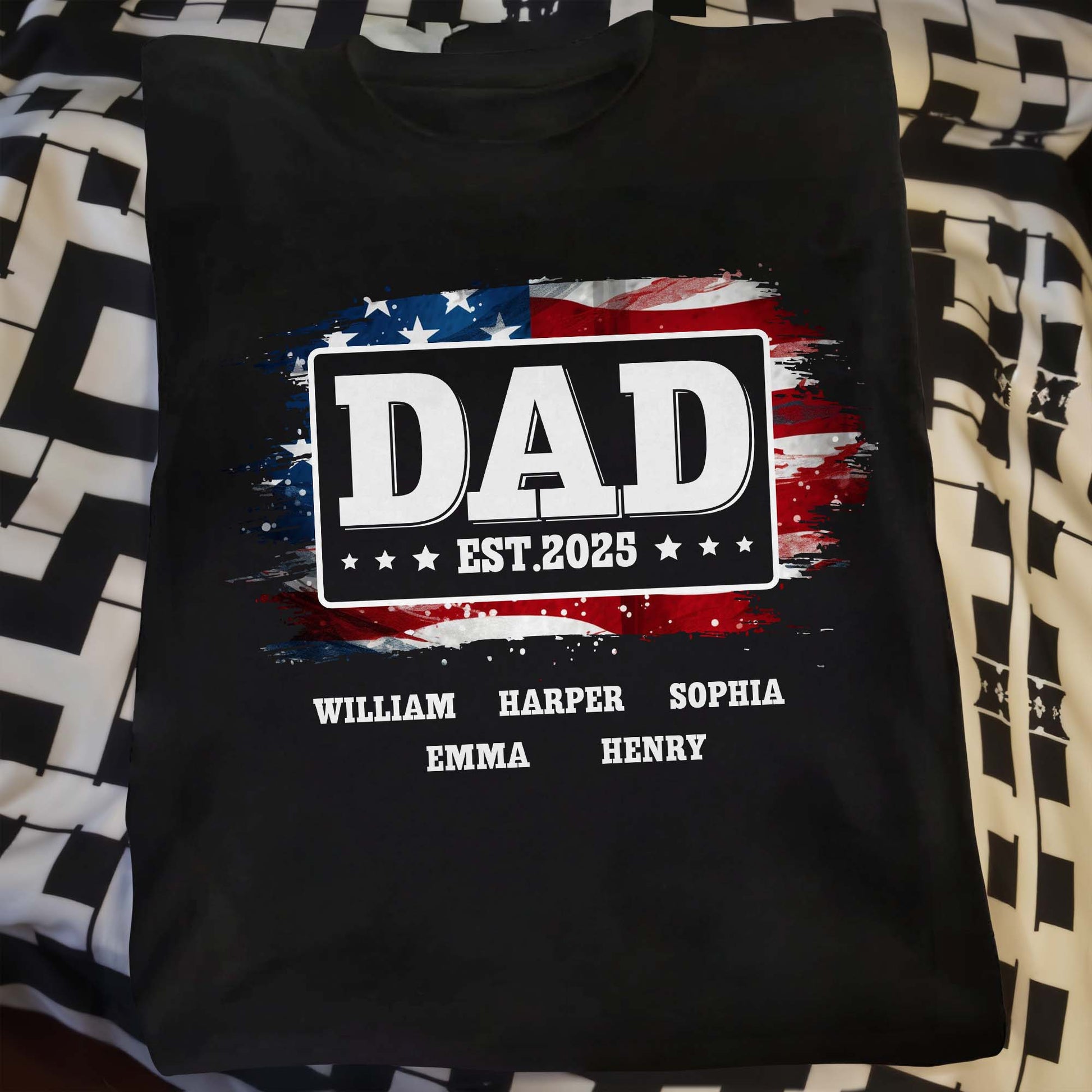 DAD Est With American Flag And Grunge Splatter