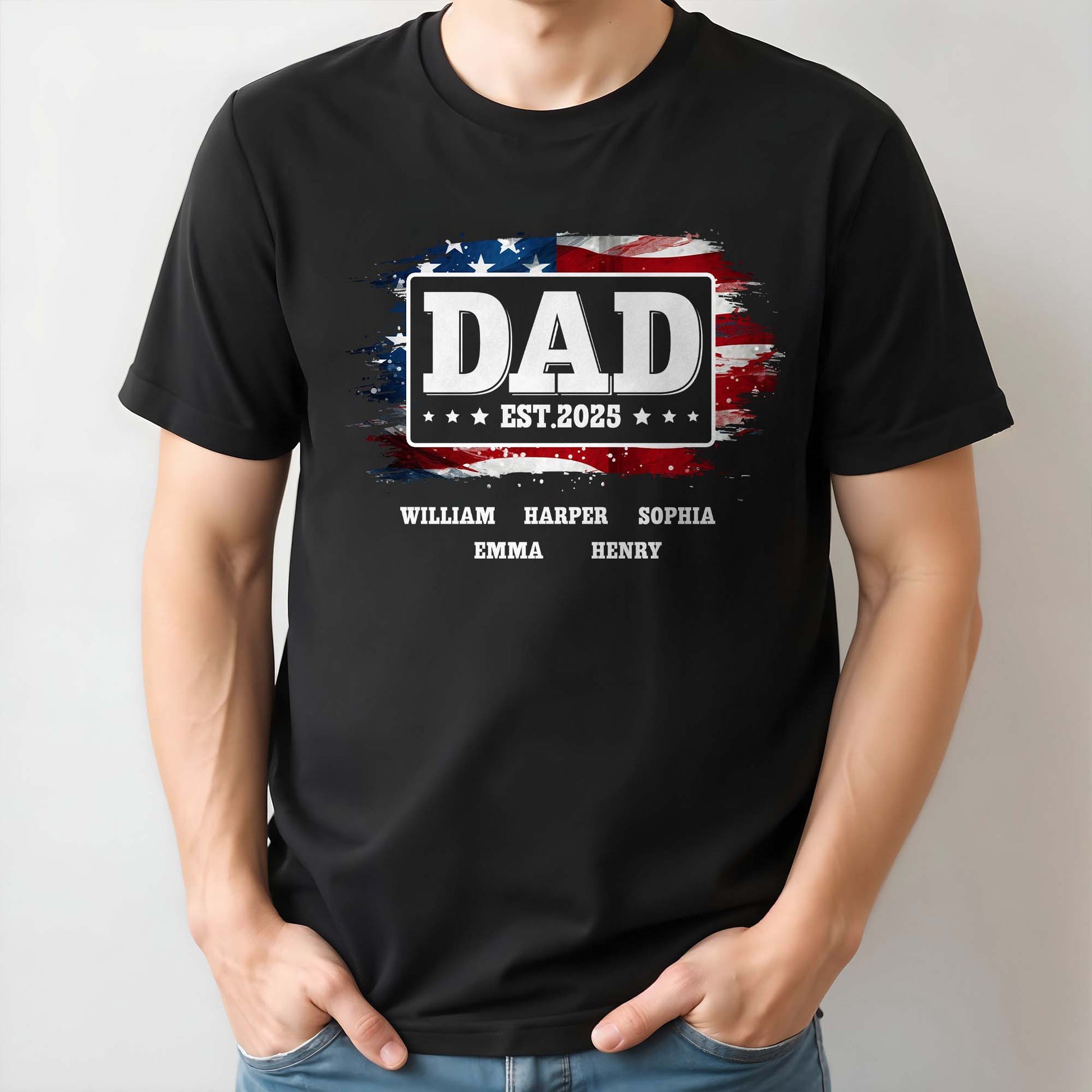 DAD Est With American Flag And Grunge Splatter