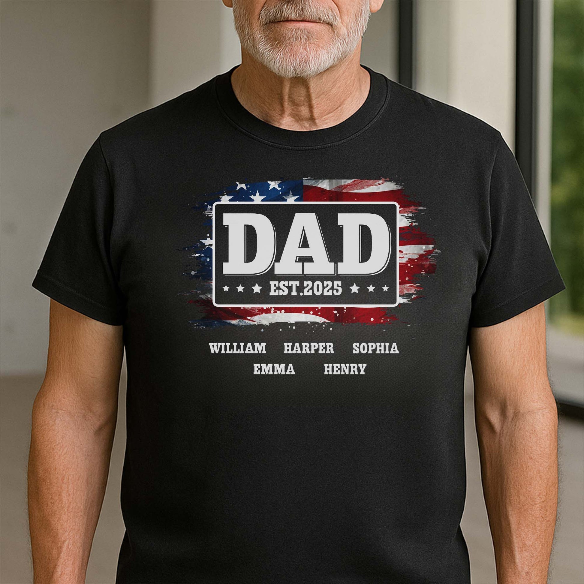 DAD Est With American Flag And Grunge Splatter