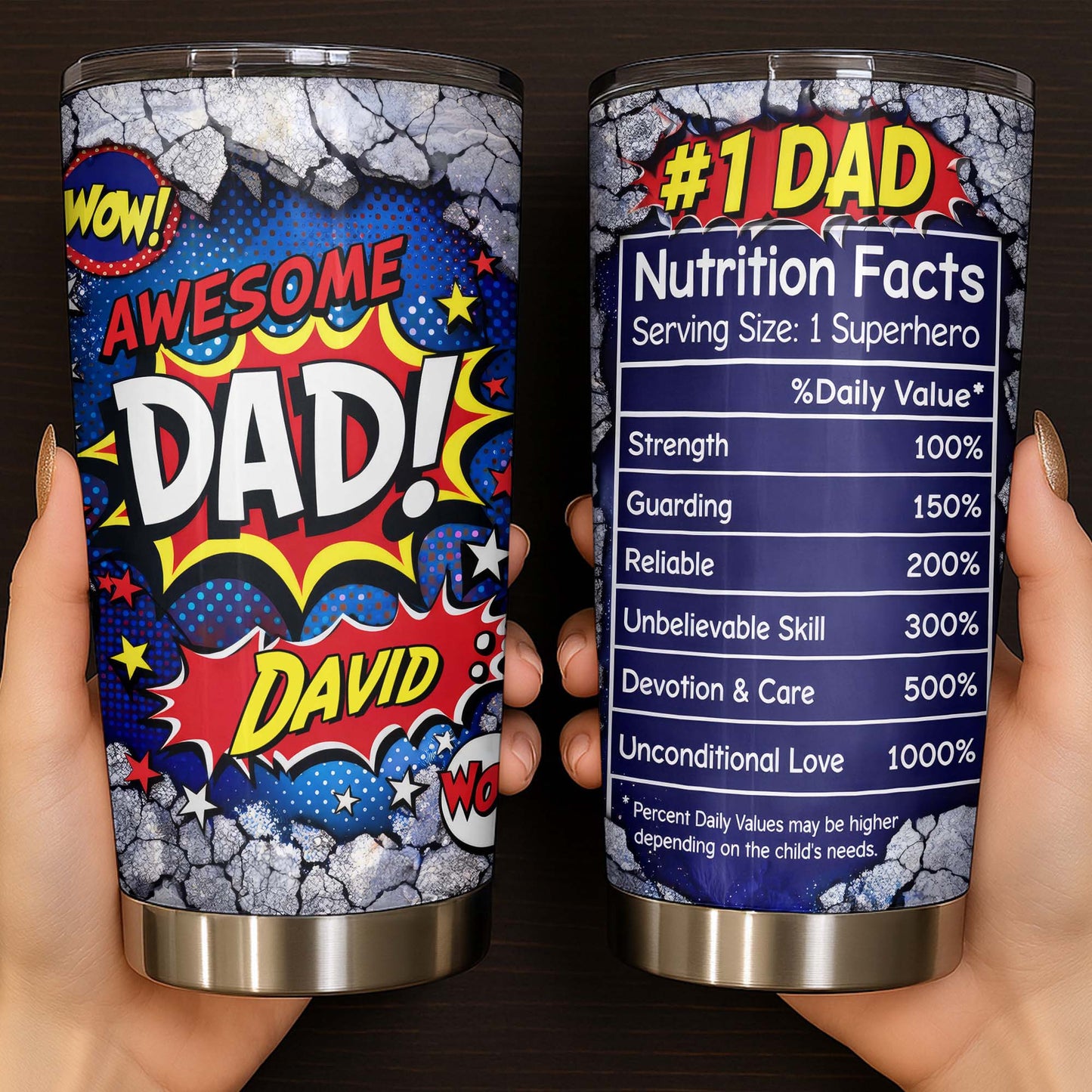 Awesome Dad Number One Nutrition Facts Superhero Comic Stars - Personalized Custom Stainless Steel Tumbler 20oz 30oz - DAD303_TB