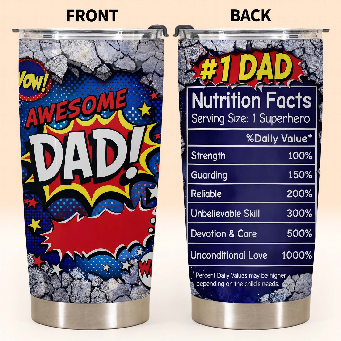 Awesome Dad Number One Nutrition Facts Superhero Comic Stars - Personalized Custom Stainless Steel Tumbler 20oz 30oz - DAD303_TB