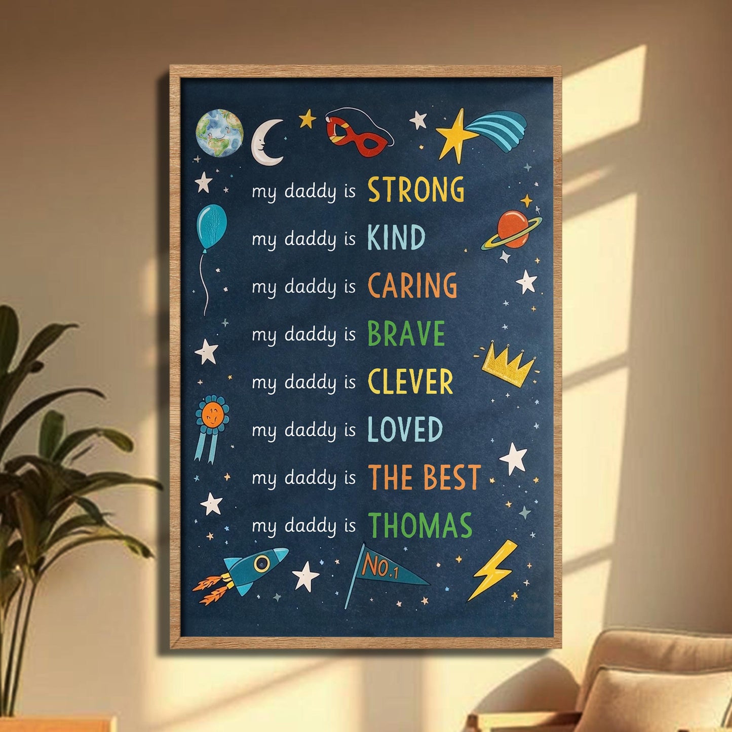 My Daddy Is Strong Kind Caring Brave Personalized Stars And Rocket - Personalized Custom Vertical Poster - DAD386_VPOS