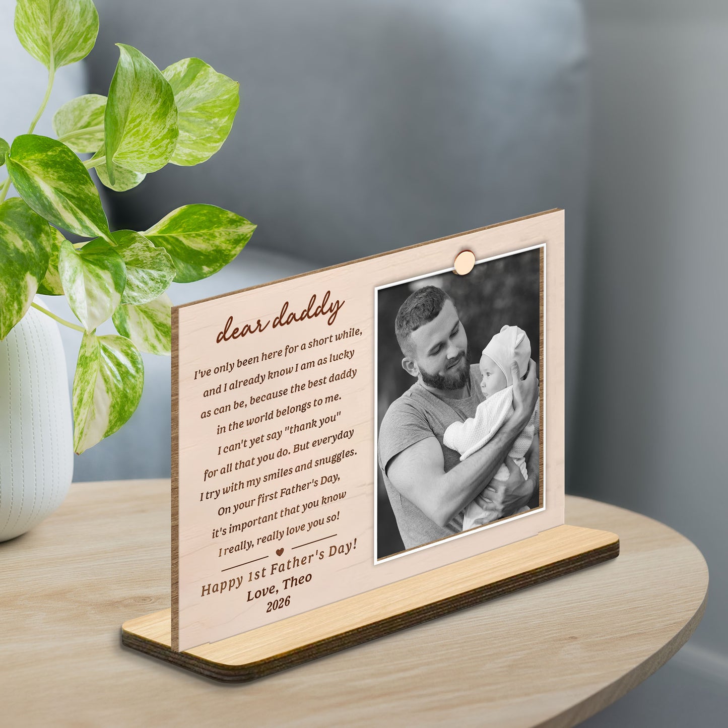 Dear Daddy Happy First Father's Day Custom Photo - Personalized Custom 2-Layer Wood Plaque With Flat Base - DAD411_WPLA