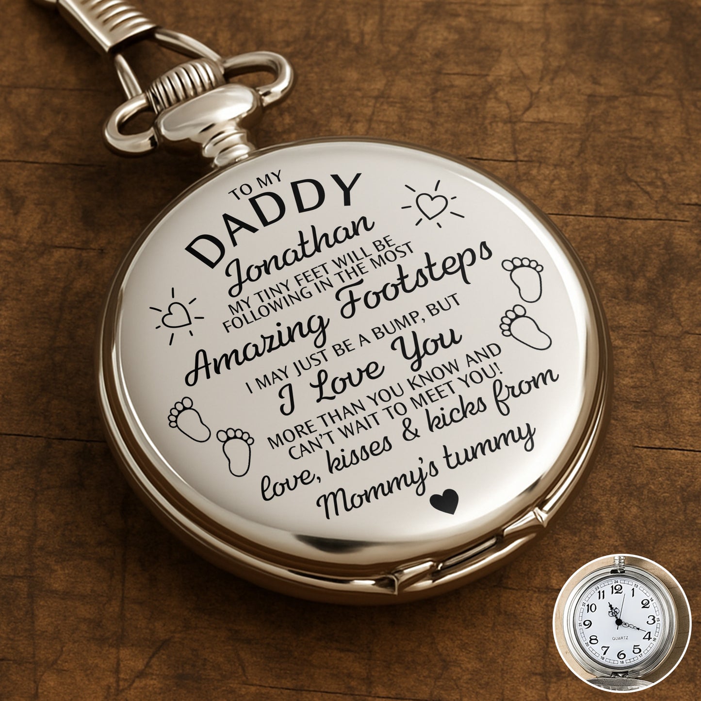 To My Daddy Amazing Footsteps Baby Footprints And Hearts - Personalized Silver Plated Pocket Watch - DAD450_SWATCH