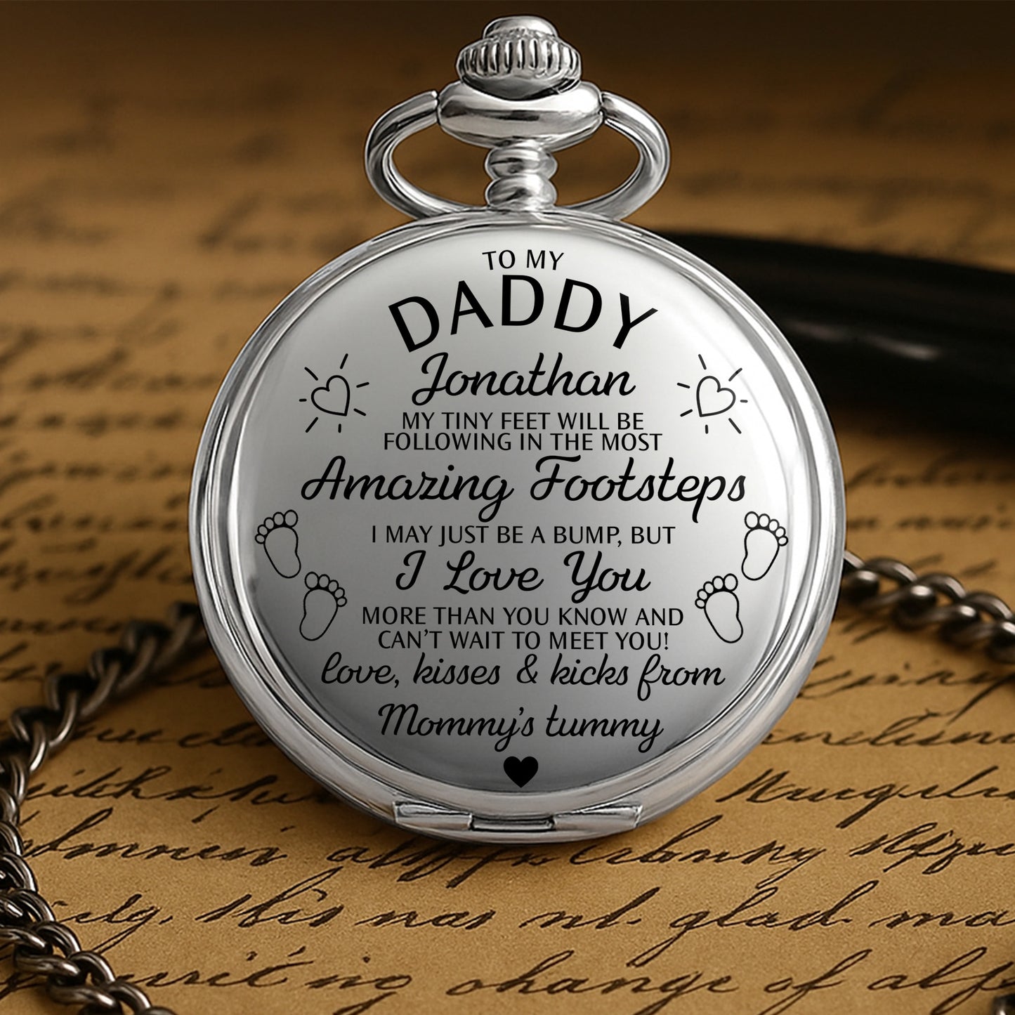 To My Daddy Amazing Footsteps Baby Footprints And Hearts - Personalized Silver Plated Pocket Watch - DAD450_SWATCH