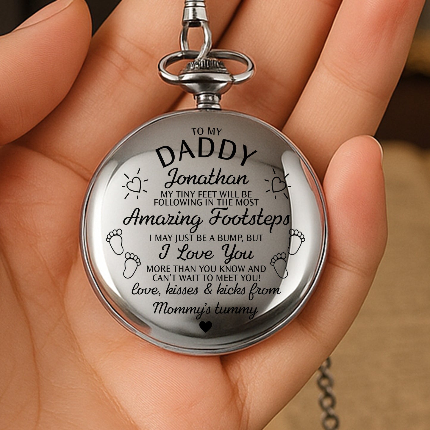 To My Daddy Amazing Footsteps Baby Footprints And Hearts - Personalized Silver Plated Pocket Watch - DAD450_SWATCH