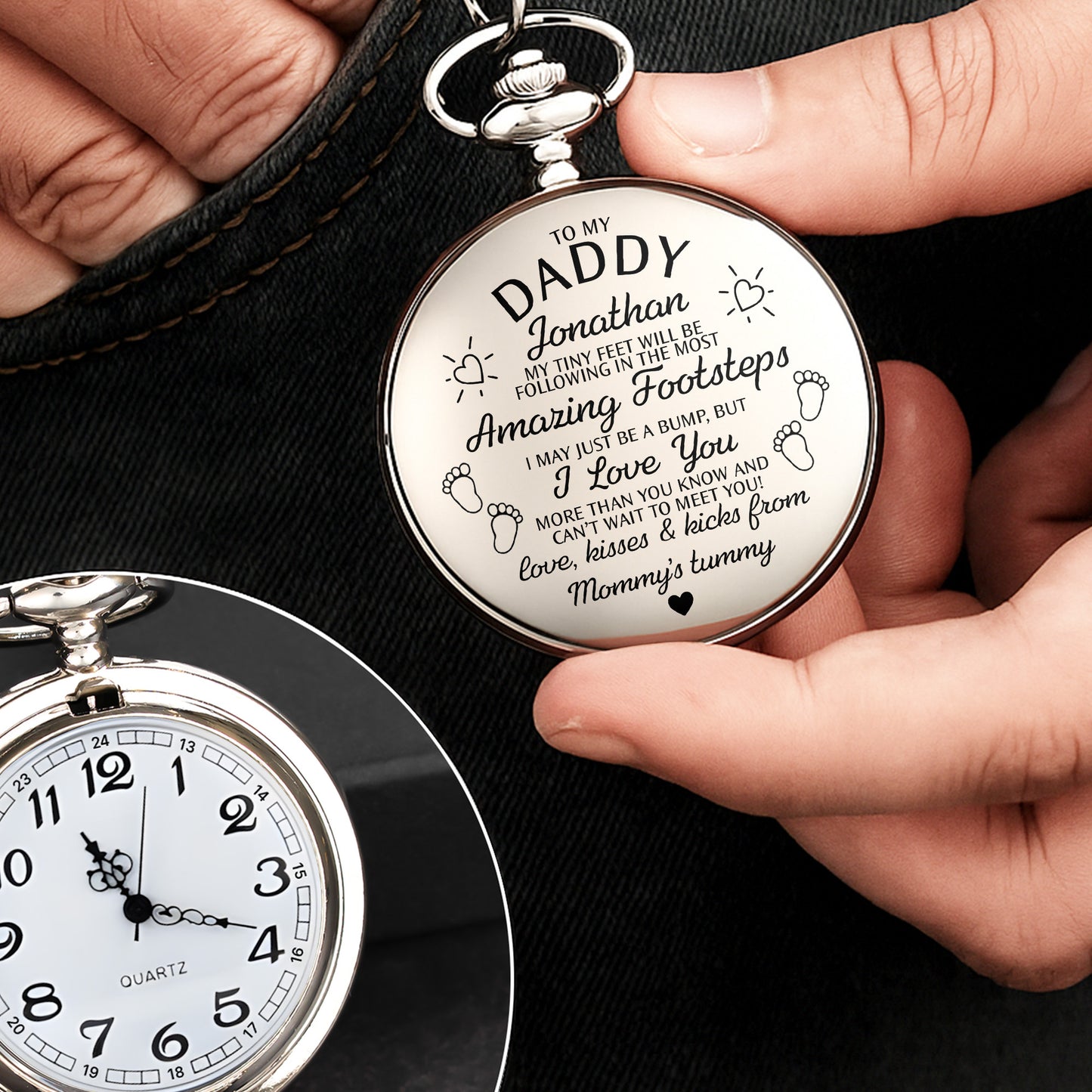 To My Daddy Amazing Footsteps Baby Footprints And Hearts - Personalized Silver Plated Pocket Watch - DAD450_SWATCH