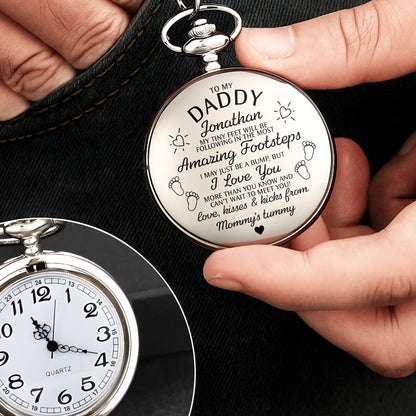 To My Daddy Amazing Footsteps Baby Footprints And Hearts - Personalized Silver Plated Pocket Watch - DAD450_SWATCH