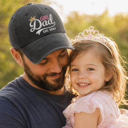 Girl Dad Est With Crown Heart Custom Year - Personalized Custom Washed Denim Cap - DAD560_WDCAP