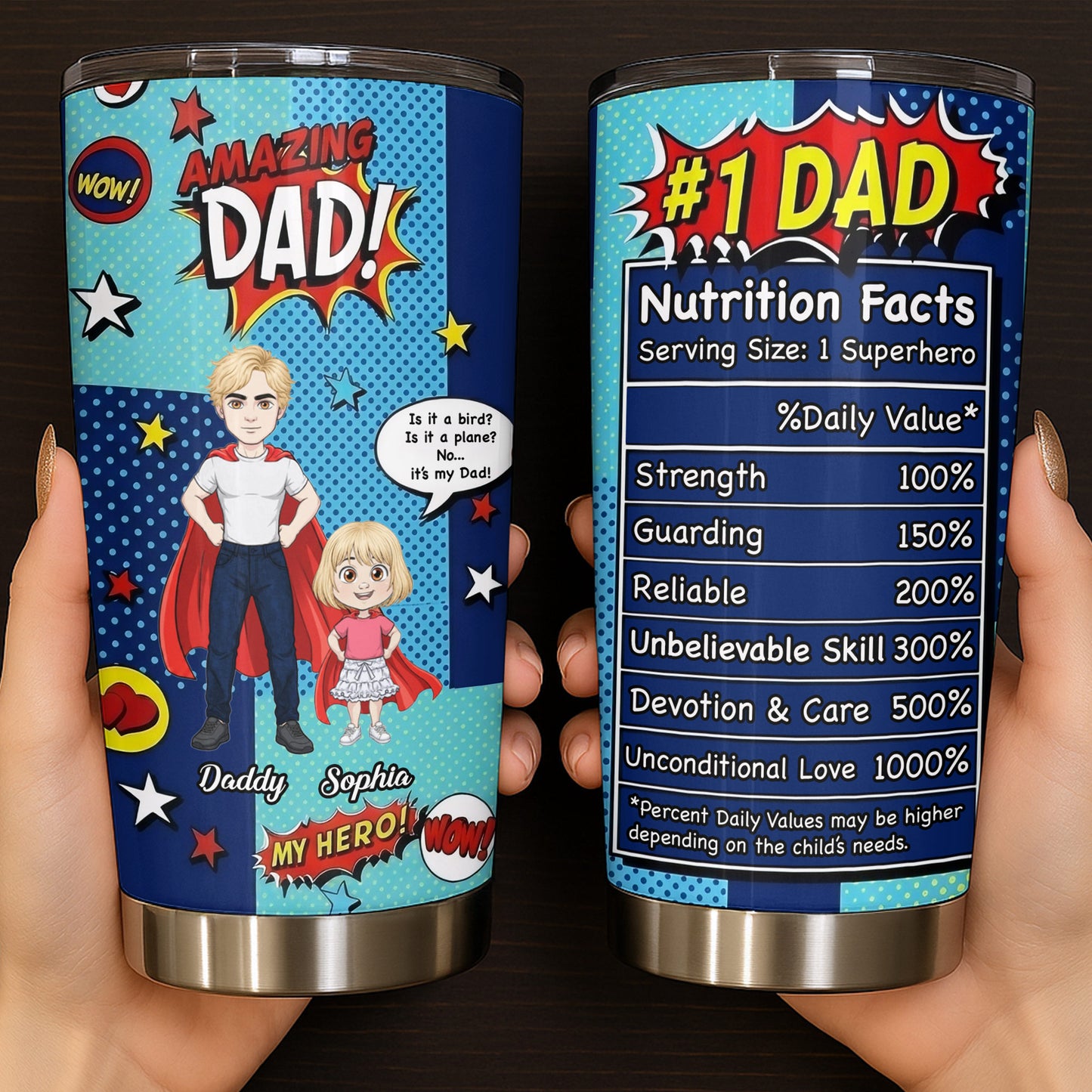 Amazing Dad My Hero Comic Superhero Nutrition Facts - Personalized Custom Stainless Steel Tumbler 20oz 30oz - DAD618_TB