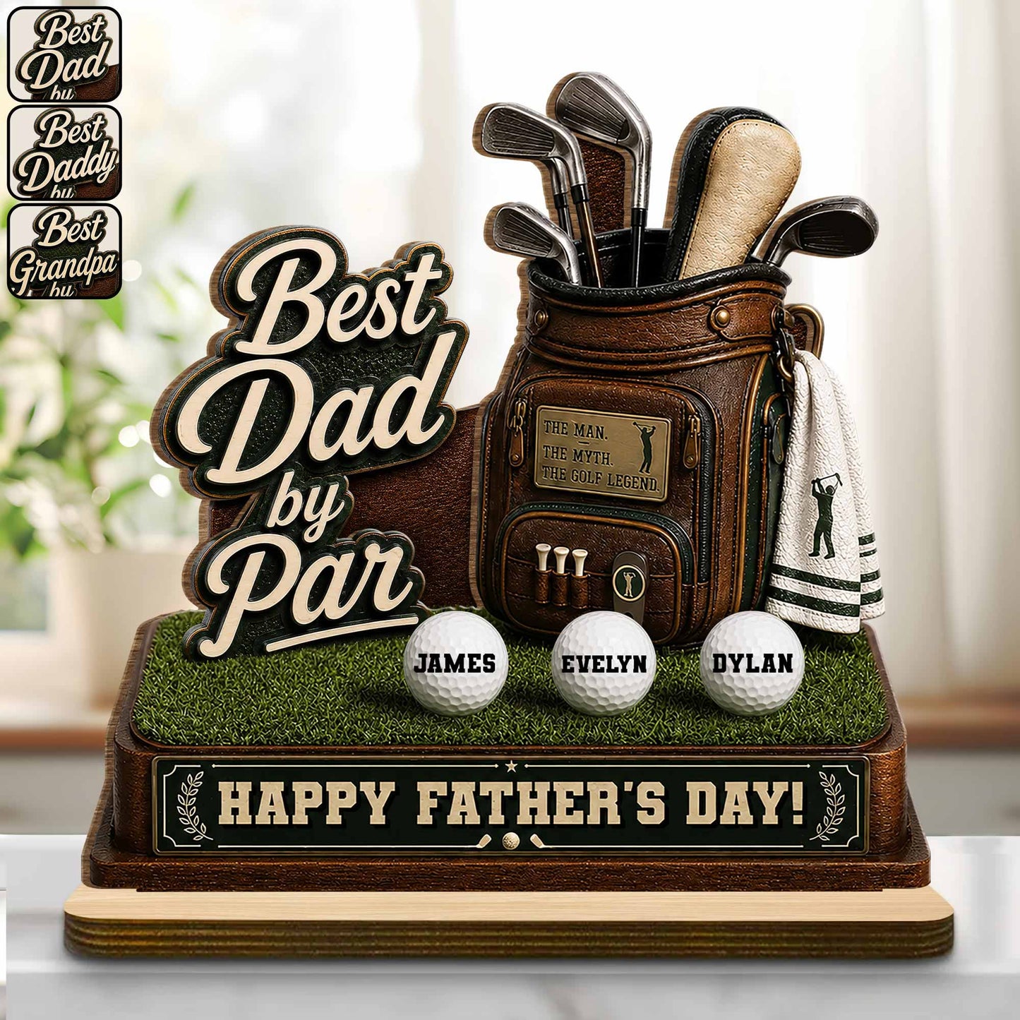 Best Dad By Par Golf Bag With Clubs And Balls - Personalized Custom 2-Layer Wood Plaque With Flat Base - DAD641_WPLA