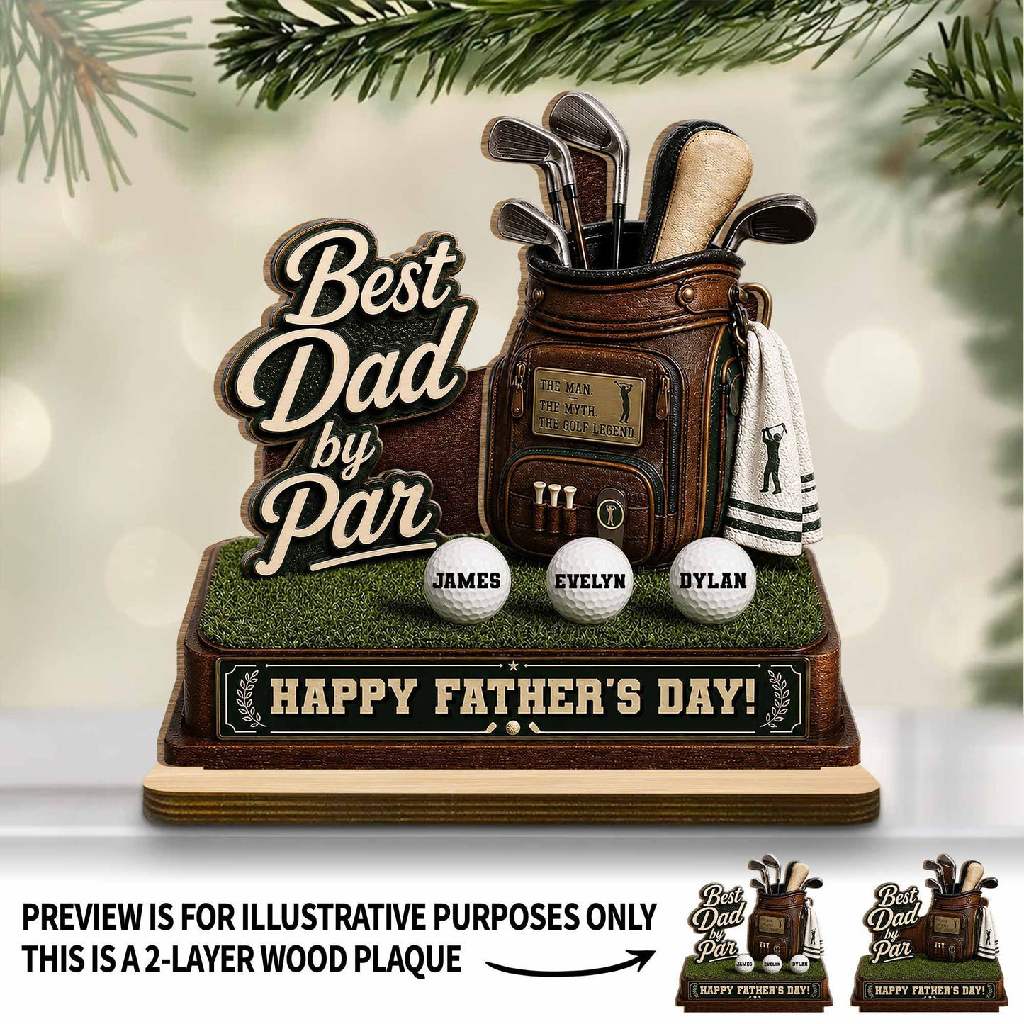 Best Dad By Par Golf Bag With Clubs And Balls - Personalized Custom 2-Layer Wood Plaque With Flat Base - DAD641_WPLA