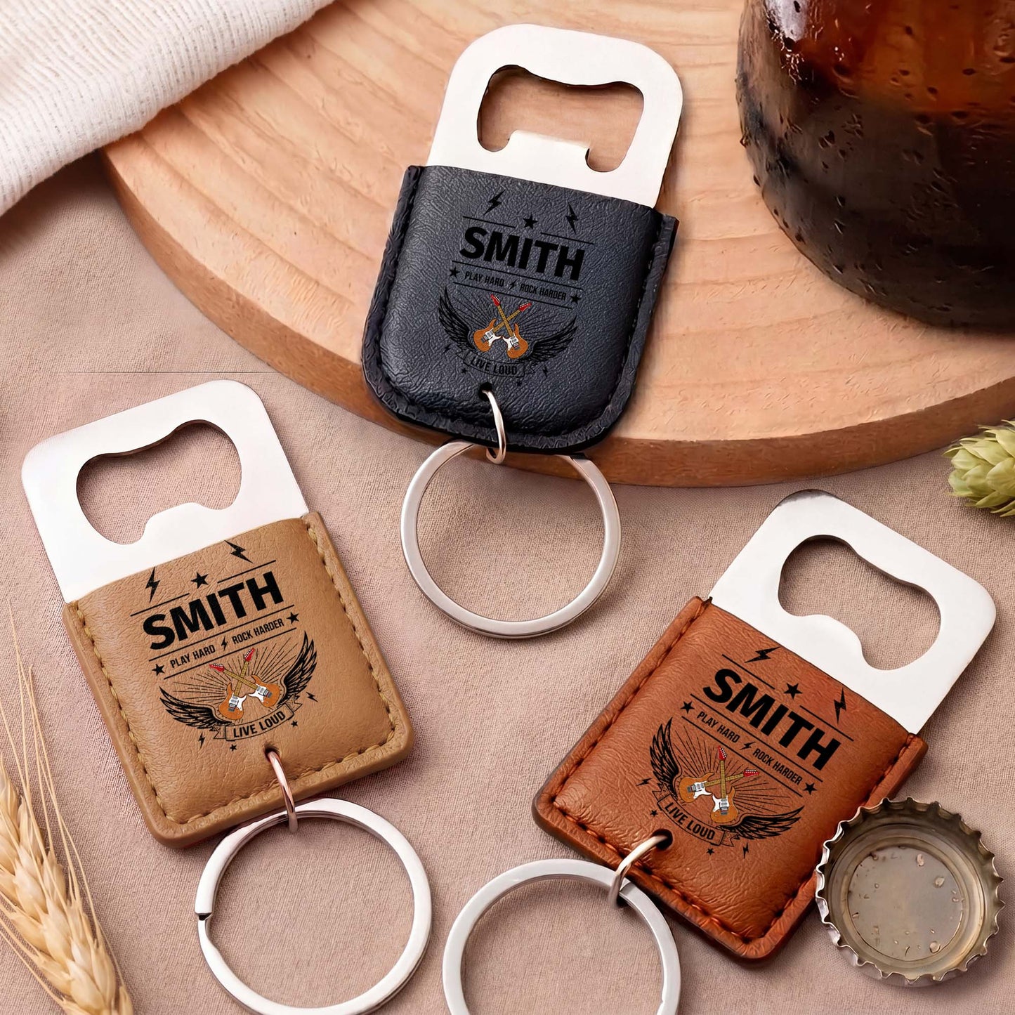Play Hard Rock Harder Live Loud With Electric Guitars And Wings - Personalized Leather Bottle Opener Keychain - DAD742_LEBOK