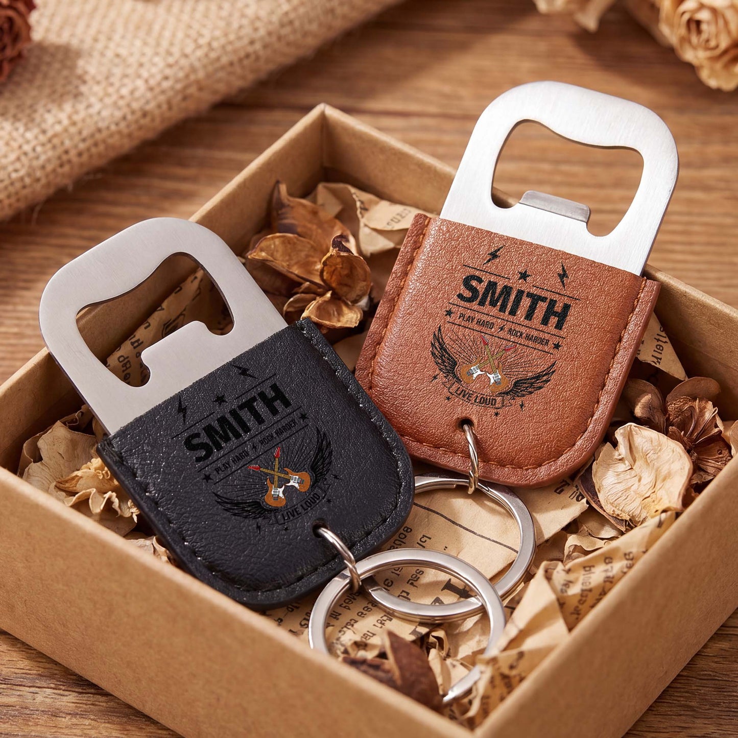 Play Hard Rock Harder Live Loud With Electric Guitars And Wings - Personalized Leather Bottle Opener Keychain - DAD742_LEBOK