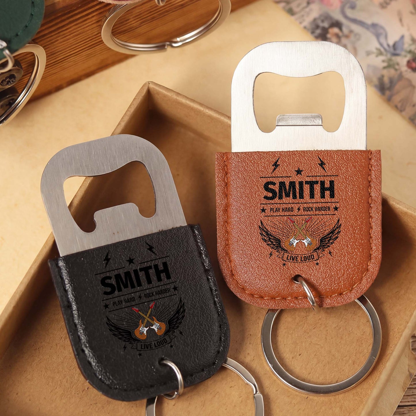 Play Hard Rock Harder Live Loud With Electric Guitars And Wings - Personalized Leather Bottle Opener Keychain - DAD742_LEBOK
