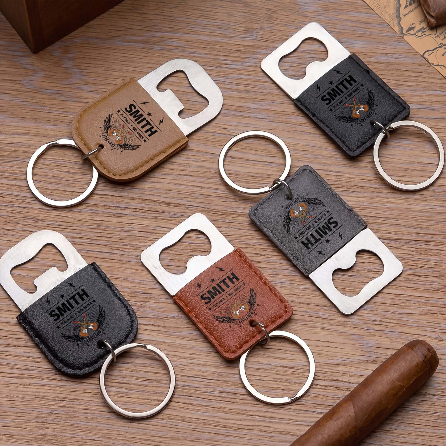Play Hard Rock Harder Live Loud With Electric Guitars And Wings - Personalized Leather Bottle Opener Keychain - DAD742_LEBOK