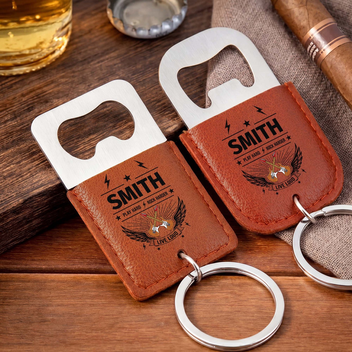 Play Hard Rock Harder Live Loud With Electric Guitars And Wings - Personalized Leather Bottle Opener Keychain - DAD742_LEBOK