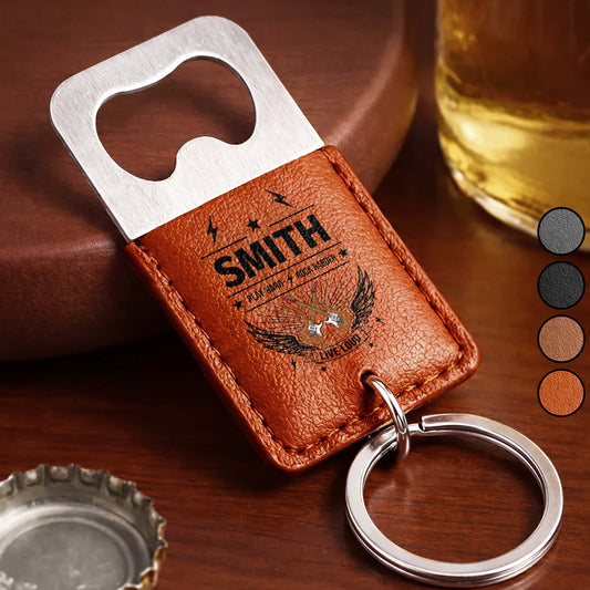Play Hard Rock Harder Live Loud With Electric Guitars And Wings - Personalized Leather Bottle Opener Keychain - DAD742_LEBOK