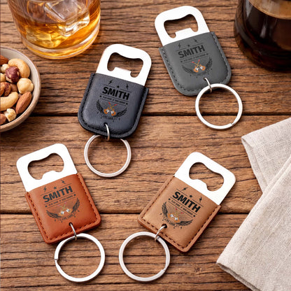 Play Hard Rock Harder Live Loud With Electric Guitars And Wings - Personalized Leather Bottle Opener Keychain - DAD742_LEBOK