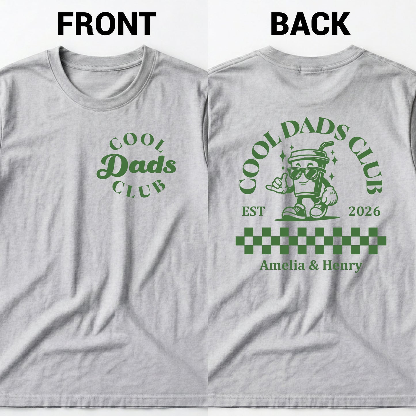 Cool Dads Club Retro Coffee Character and Checkered Pattern - Personalized Custom T-Shirt Font and Back - DAD775_WFBAS