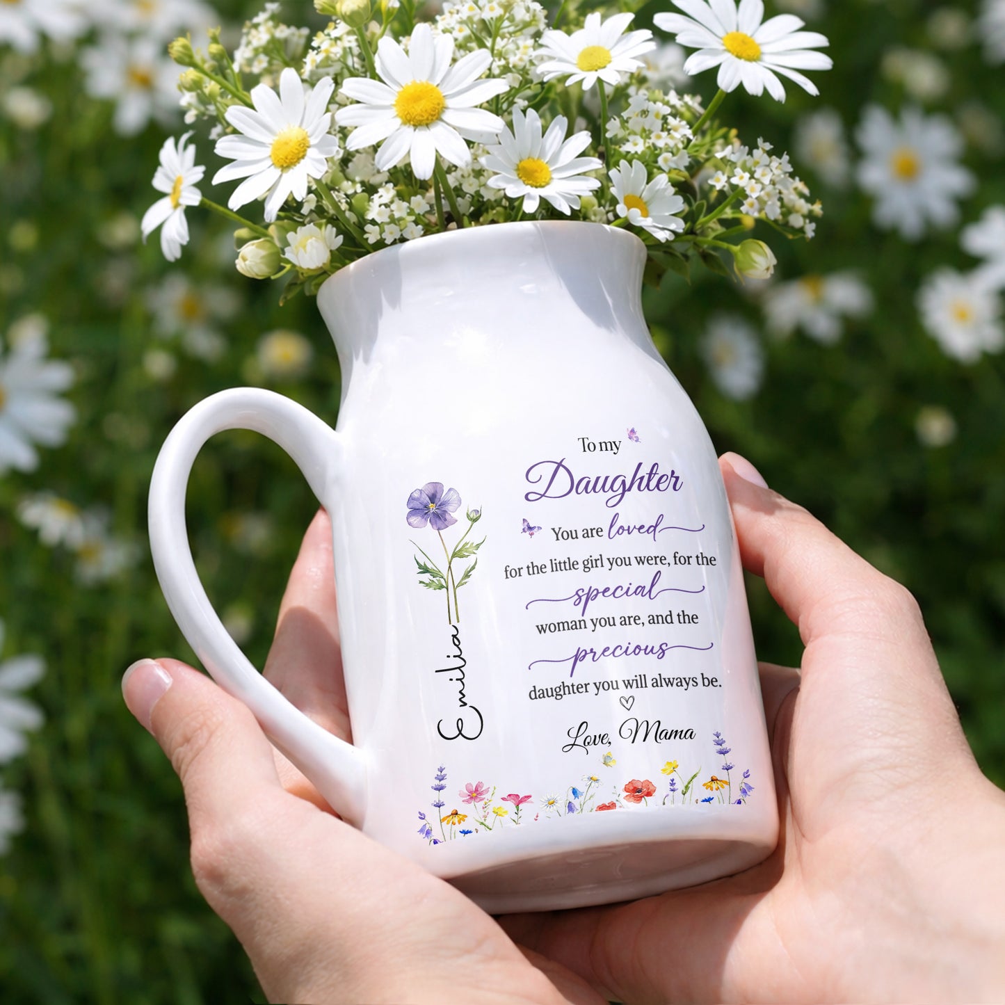 To My Daughter You Are Loved Flowers And Butterflies - Personalized Ceramic Flower Vase - DAU075_CEV