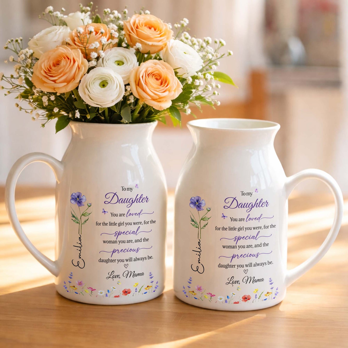 To My Daughter You Are Loved Flowers And Butterflies - Personalized Ceramic Flower Vase - DAU075_CEV